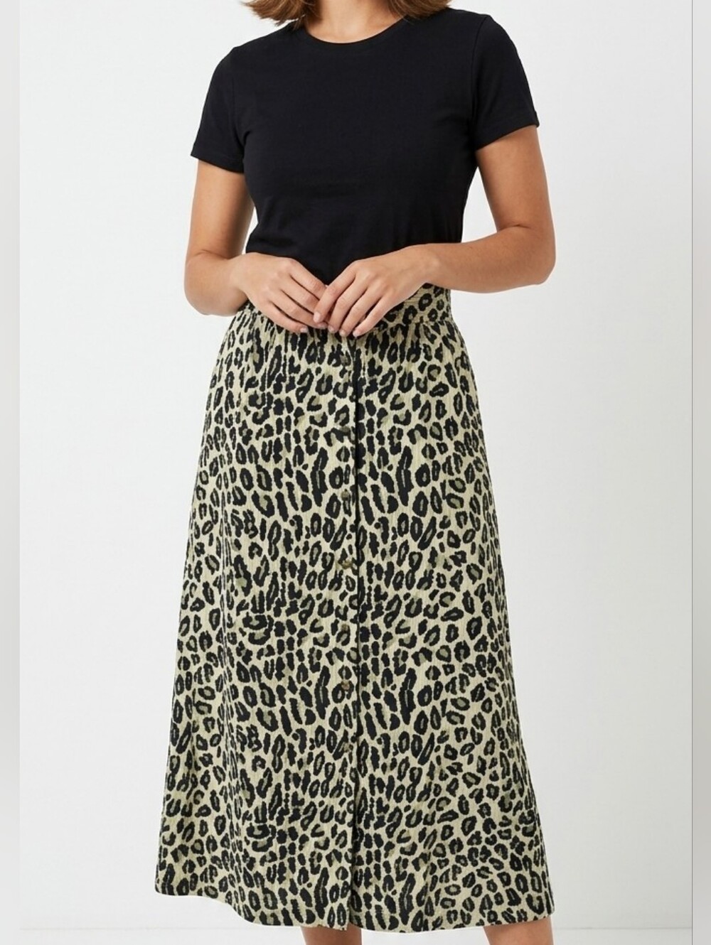 Vintage 90s Doncaster Cream & Black Leopard Print Button Front Midi Skirt 16